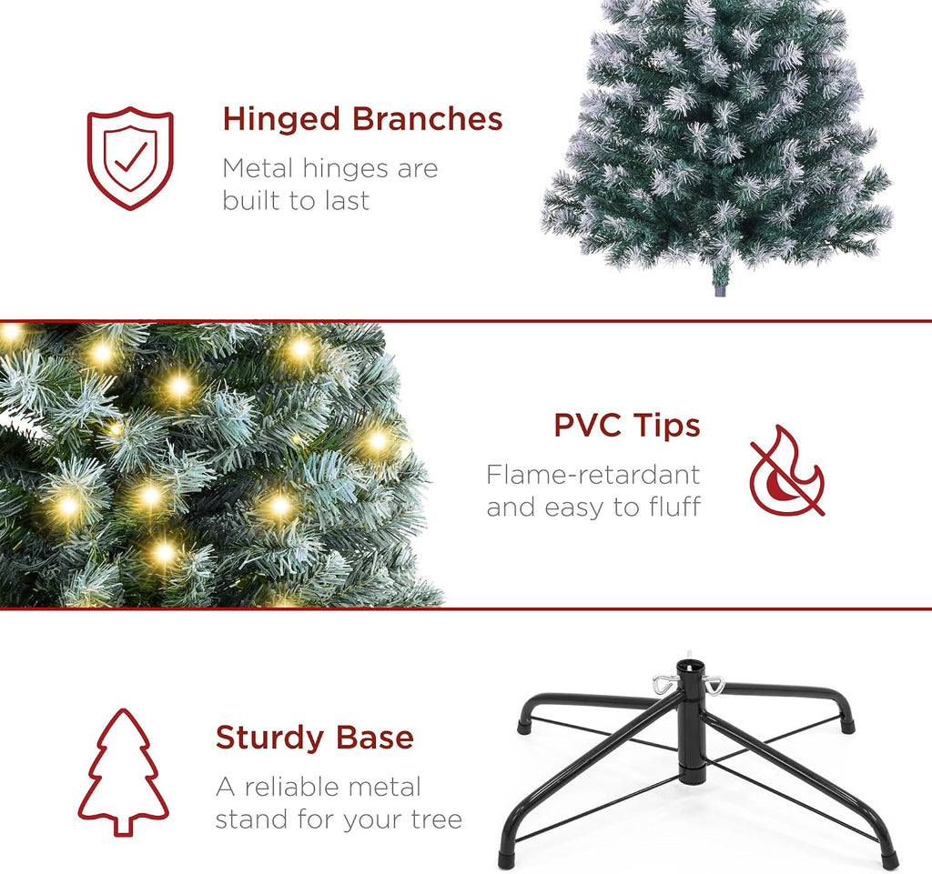 Artificial Frosted Christmas Tree, Premium Pre-Lit Realistic Spruce Holiday Décor w/Dense Branches, Metal Base