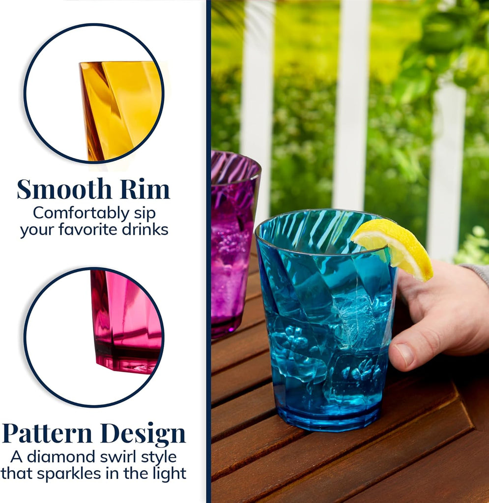 Optix Plastic Reusable Drinking Glasses (Set of 8) 14oz Rocks Cups in Jewel Tone Colors | BPA-Free Tumblers, Made in