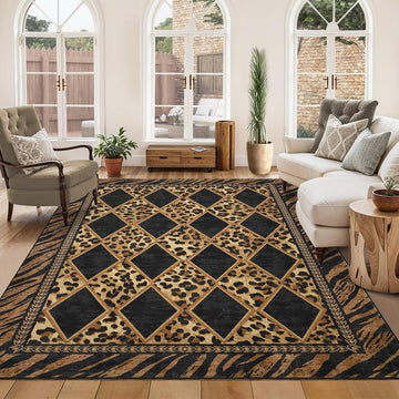 Checkered Leopard Print Area Rug, Soft Low Pile Non-Slip Large Living Room Rugs Machine Washable Indoor Carpet Dining
