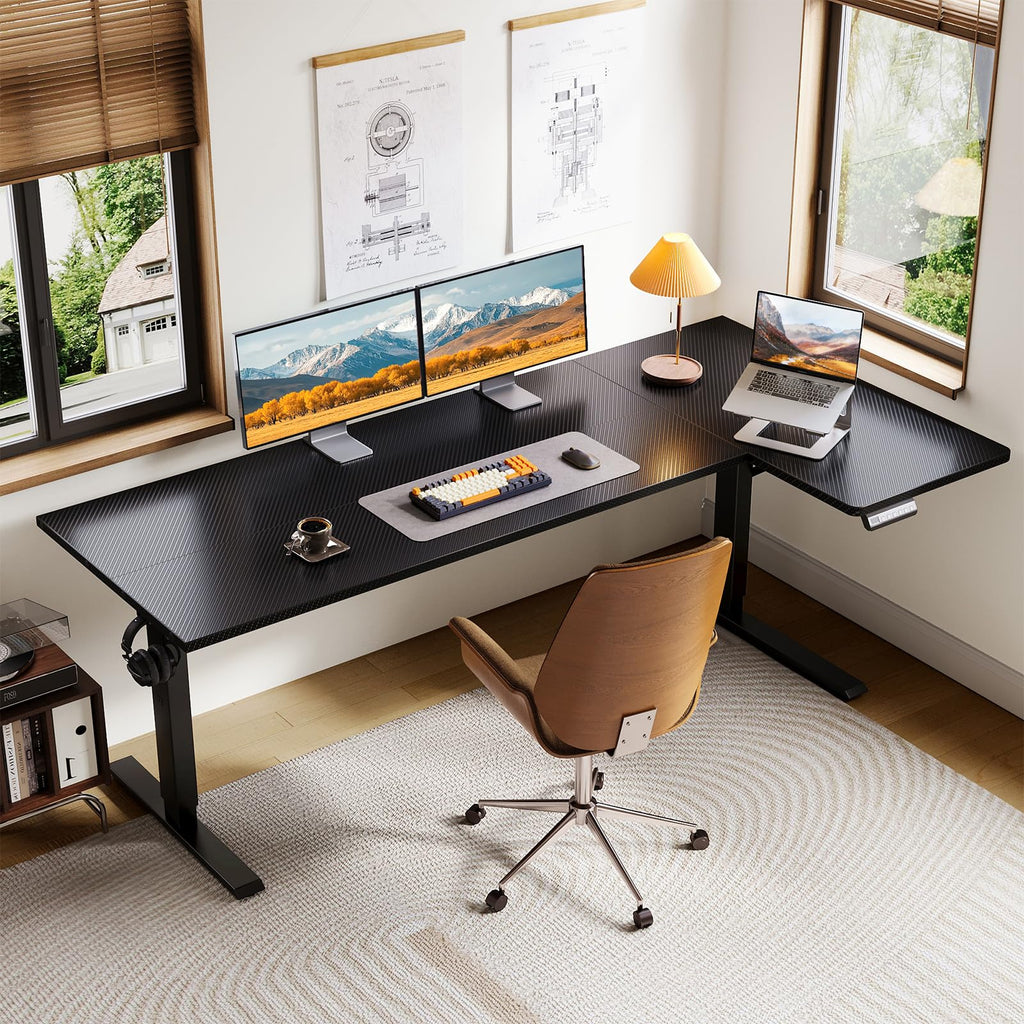 71" Reversible L Shaped Electric Standing Desk, Carbon Fiber Black