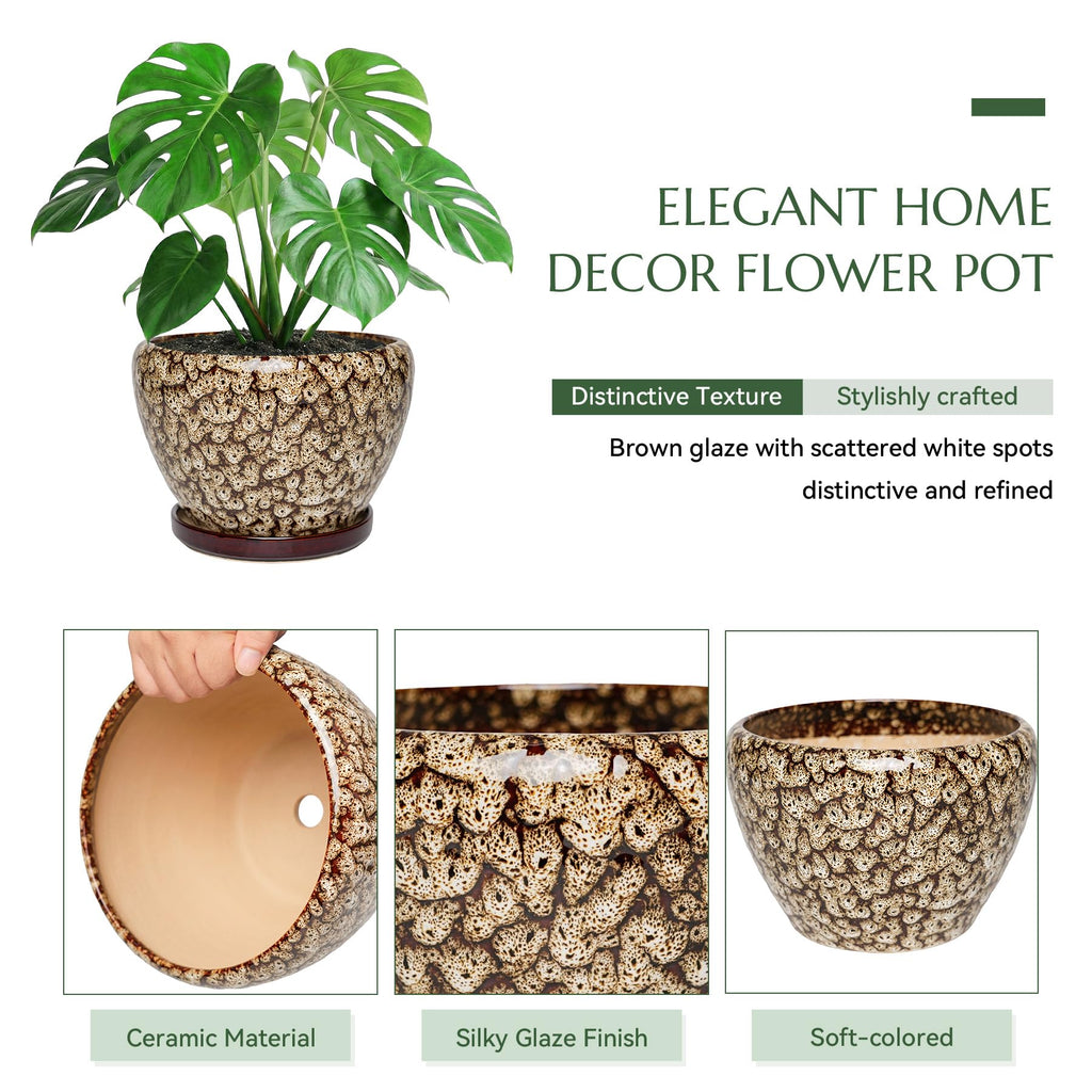8.7 Inch Ceramic Planter with Saucer, Round Plant Pot for Indoor Outdoor Plants (Speckled White)