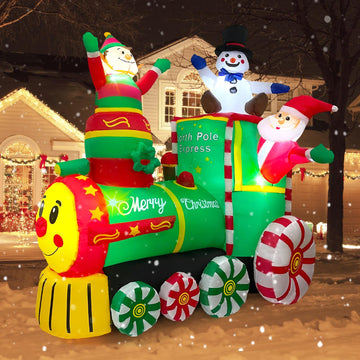 6.2FT Christmas Inflatables Train & Santa Claus Outdoor Yard Decortaions Blow-up Christmas Decor with Built-in LED
