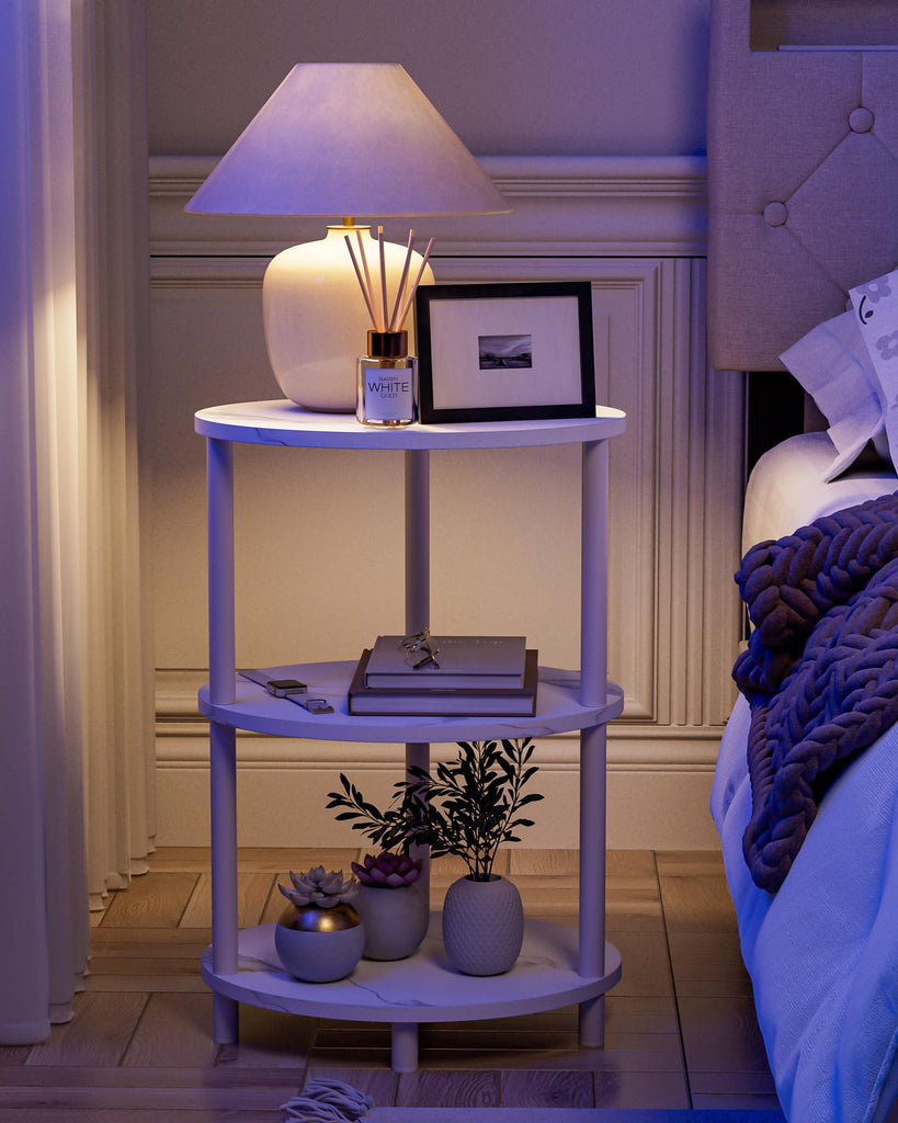 Small Round Side Table - 3-Tier Oval Accent Table for Small Spaces, Rustic Wood and Metal Couch End Table, Nightstand