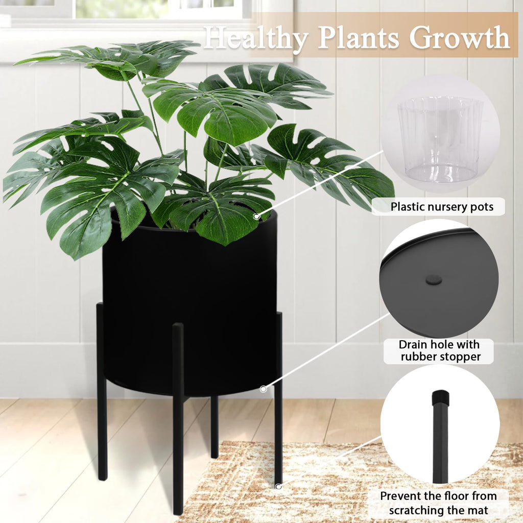 Modern Plant Pots, Large Planters with Stand, Set of 2 Decorative Planters, Metal Plant Pots with Drainage Holes