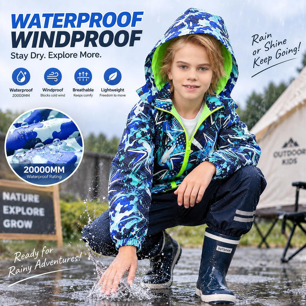 Kids Rain Jacket Waterproof Windbreaker Zipper Coat for Boys Girls