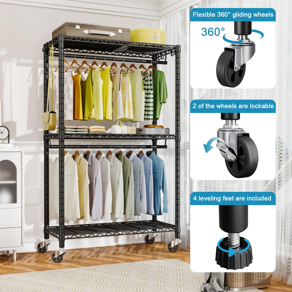 P3 Rolling Clothes Rack, Clothing Racks for Hanging Clothes, Black