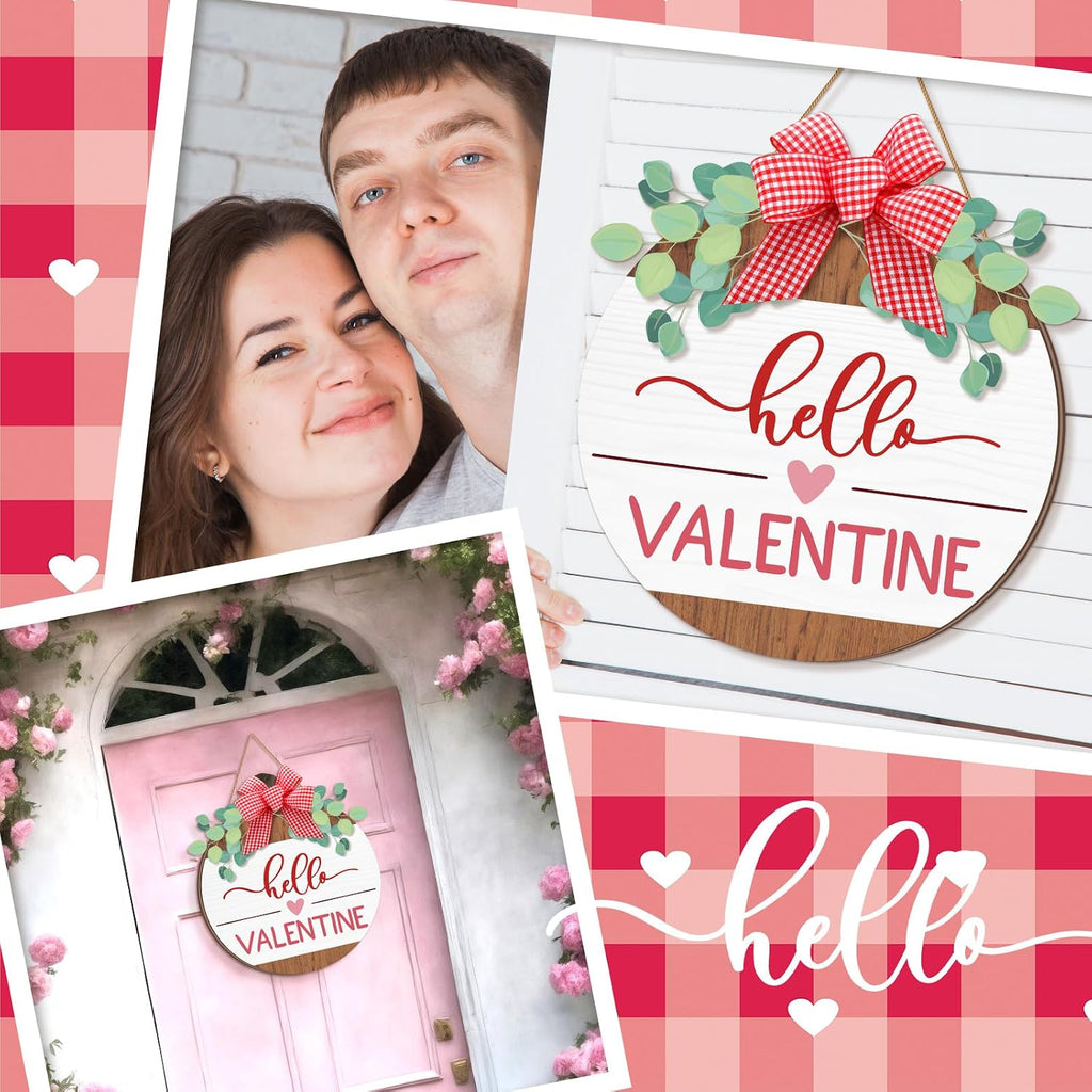 Hello Valentine's Day Sign for Front Door 12 Inches Wood Red Pink Round with Bow Valentine's Day Door Wreath Hanger