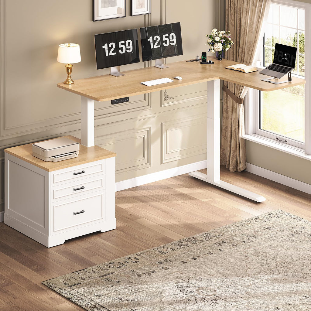 Farmhouse L Shaped Electric Standing Desk, 70.9" x 39.4" Height Adjustable Office Executive Desk with 3 Drawers