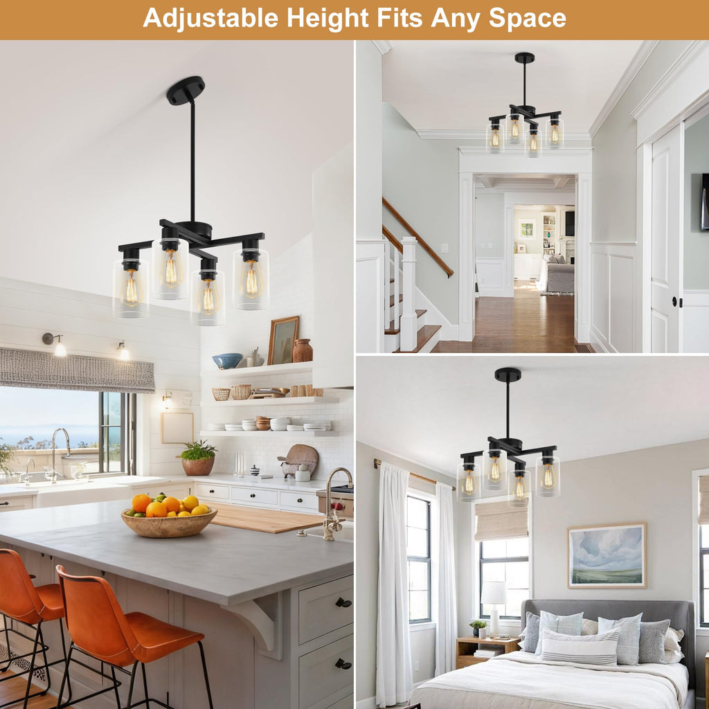 4-Light Modern Farmhouse Black Chandelier, Dining Room Light Fixture Over Table Adjustable Height Hanging Industrial