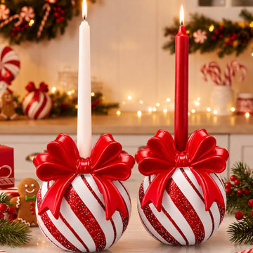 2 Pcs Christmas Bow Candy Ball Candle Holder Xmas Red White Ball