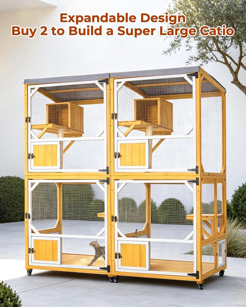 71.7" Catio Outdoor Cat Enclosure, 4 Tier Wooden Cat House with Wheels, Indoor Outdoor Cat Cage with Window Access