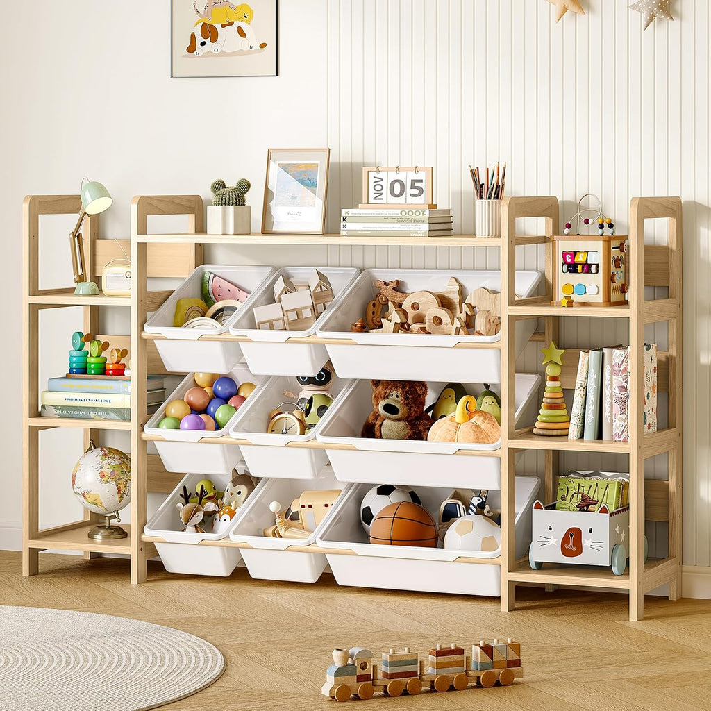Large Toy Storage Organizer, Top Rack, 6 Side Shelves, 9 Bins | Solid wood kid-height storage for toys, books and