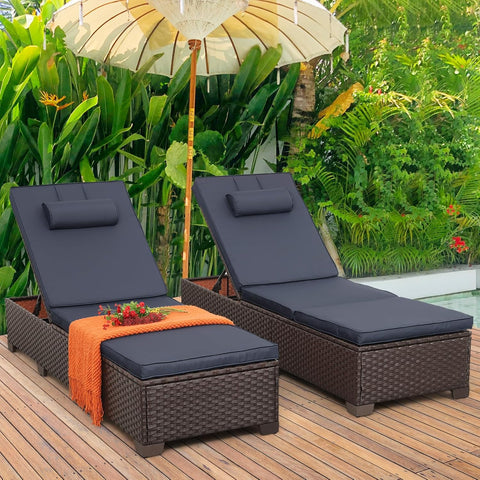 Outdoor Chaise Lounge Set of 2 Brown Wicker Patio Chaise Lounge Chairs Pool Lounge Chairs Multi-Angle Adjustable