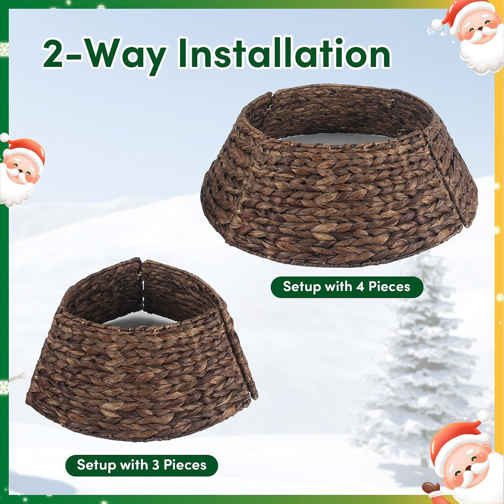 Christmas Tree Collar, 24'' Water Hyacinth Tree Collar, Woven Tree Collar with Cord Cut-Out, Rattan Wicker Tree Skirt