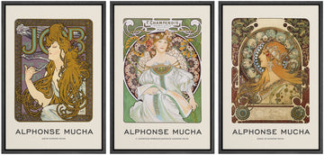 Framed Canvas Print Wall Art Set Alphonse Mucha Art Nouveau Floral Women Nature People Illustrations Fine Art