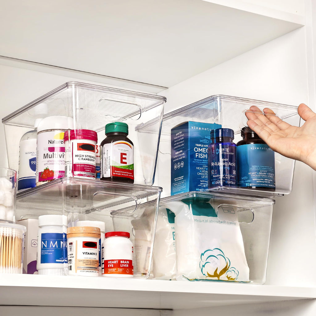 8 Pack Clear Stackable Storage Bins with Lids and Handles, Large