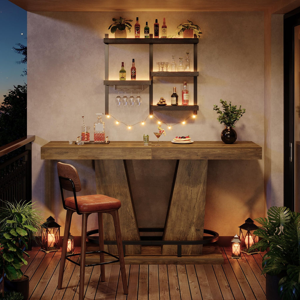 62.99" Industrial Bar Table for 4-6, Rectangle Counter Height Pub Table with Metal Footrest, Home Bar Units for Pub