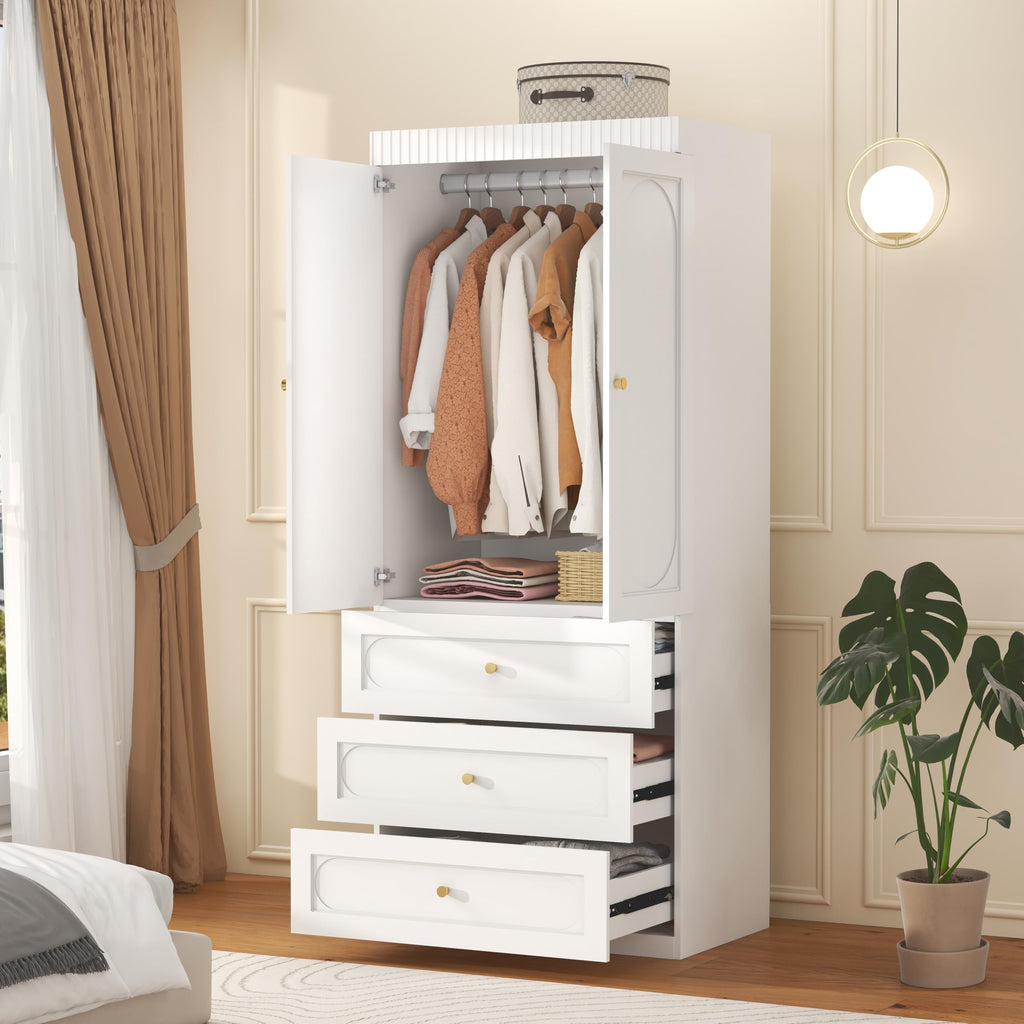White Wooden Wardrobe Closet with 3 Drawers, 75" Tall x 32" Wide