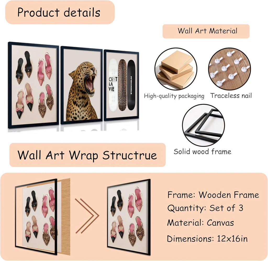 Stockholm Style Set of 3 Wall Art Set Leopard Print & Preppy Fashion Art with Heels, Skateboards & Roaring Leopard
