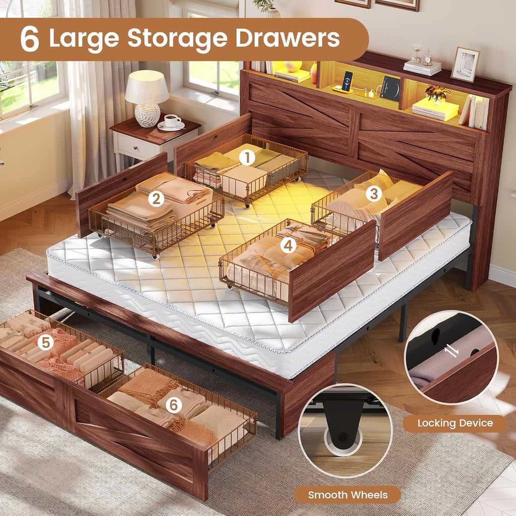 Queen Bed Frame with 6 Drawers, Farmhouse Bed Frame with Barn Door Headboard and Storage, Wood Platform Bed Frame