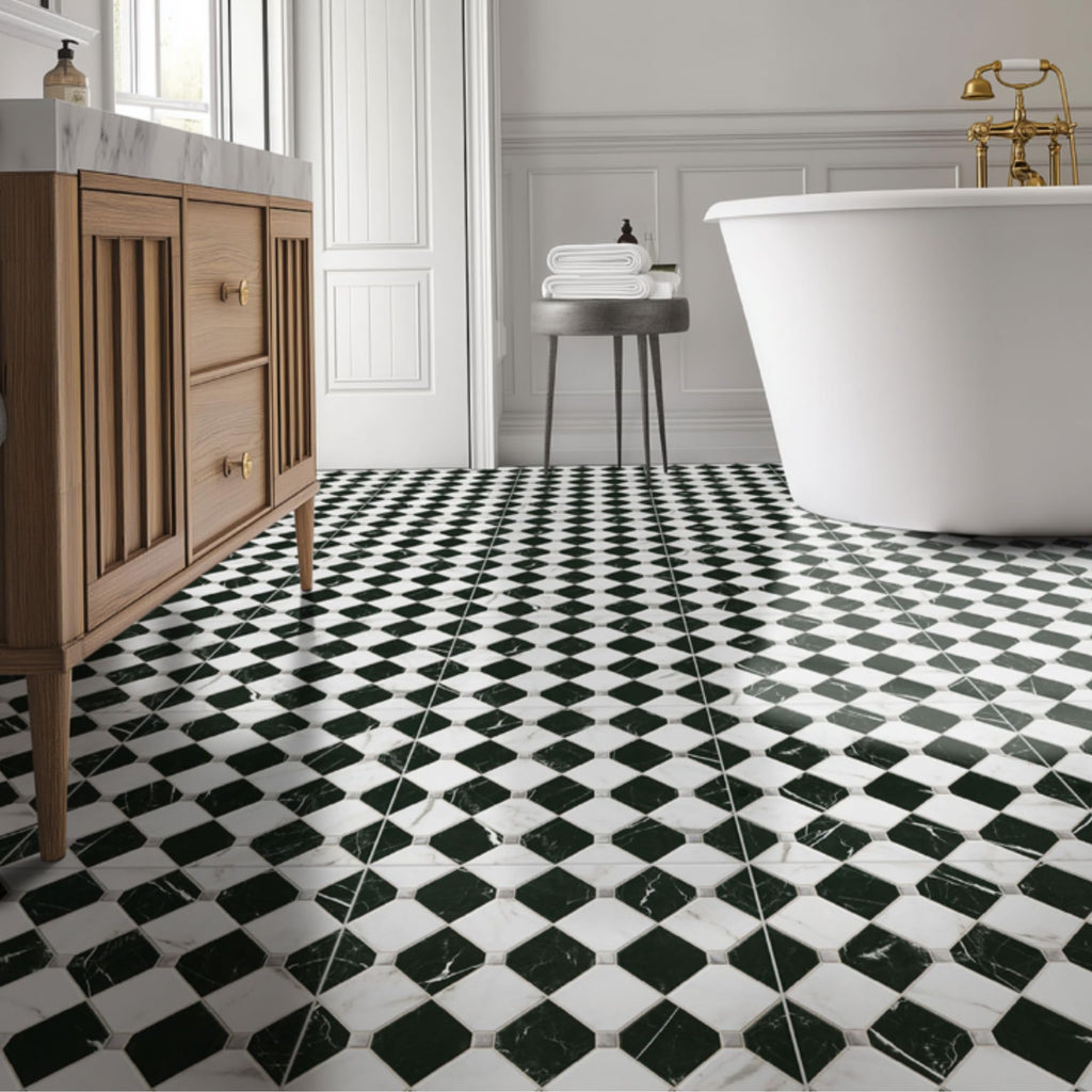 17" x 17" Black & White Matte Marble Look Checkerboard Porcelain Tile, Floor & Wall Tile, Fireplace & Commercial