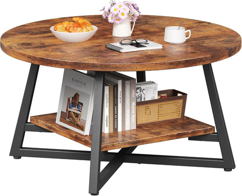Round Coffee Table, Small Circle Coffee Table with Storage, Modern Wood Round Center Table, Small Space