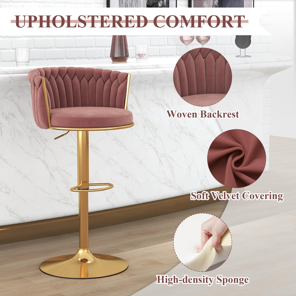 Gold Bar Stool Set of 6, Velvet Swivel Barstools, Height Adjustable Counter Stools with Woven Backrest, Upholstered