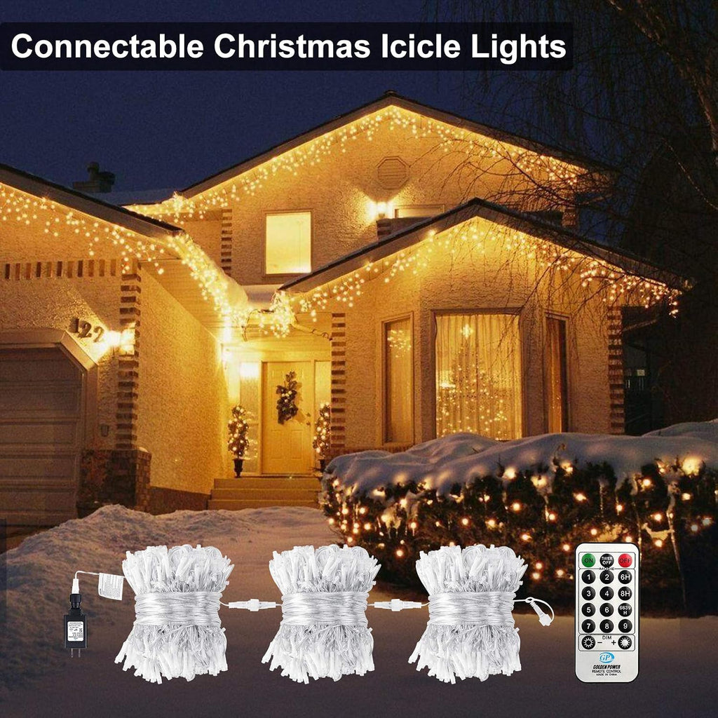 Christmas Icicle Lights Outdoor, 2 in 1 White & Warm White Color Changing Icicle Lights with 60 Drops, 29.5ft 360 LED