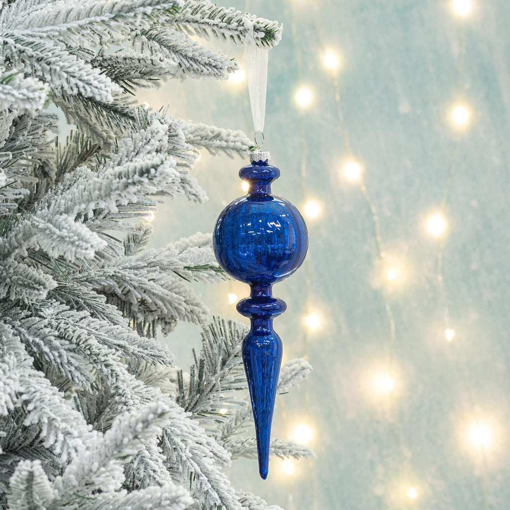 Finial Mercury Glass Christmas Ornaments Blue 4pcs 8-Inch Large Hanging Christmas Tree Decorations for Xmas Tree