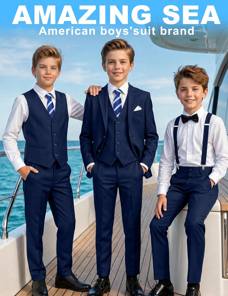 Boys Formal Suit Set, 3 Styling Looks, Adjustable Waist & Suspenders