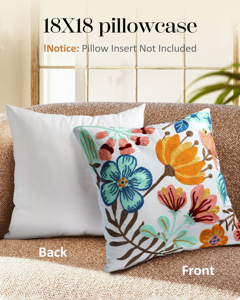 Embroidered Throw Pillow Cover, 18x18 Inch, Boho Floral
