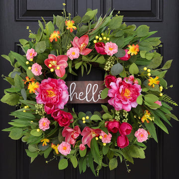 24" Wreaths for Front Door with Hello Sign, Artificial Eucalyptus Wreath with Pink