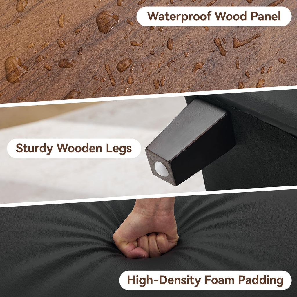 45" Faux Leather Storage Ottoman Bench with Wooden Tray, Black Large Upholstered Foot Stool, Multifunctional Coffee