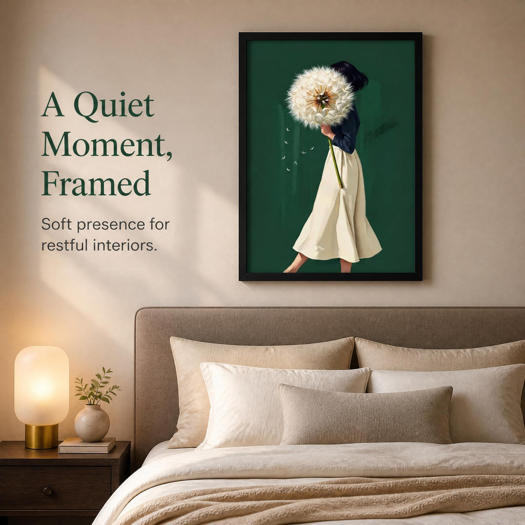 Framed Emerald Green Wall Art Woman With Dandelion Art Prints Modern Women's Minimalist Pictures Soft Botanical