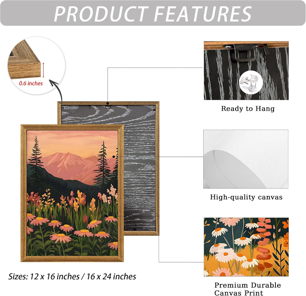 Framed Boho Abstract Landscape Mountain and Floral Canvas Wall Art Set of 3, Colorful Nature Botanical Paintings