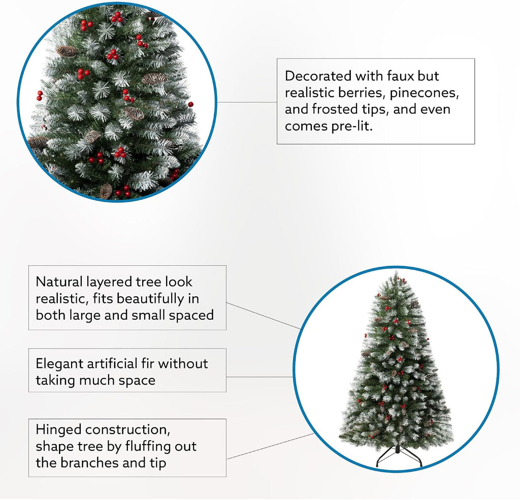 Vancouver 7.5ft Frosted Prelit Artificial Christmas Tree with Pine Cones,Faux Berries, Foot Pedal, 1346 Branch