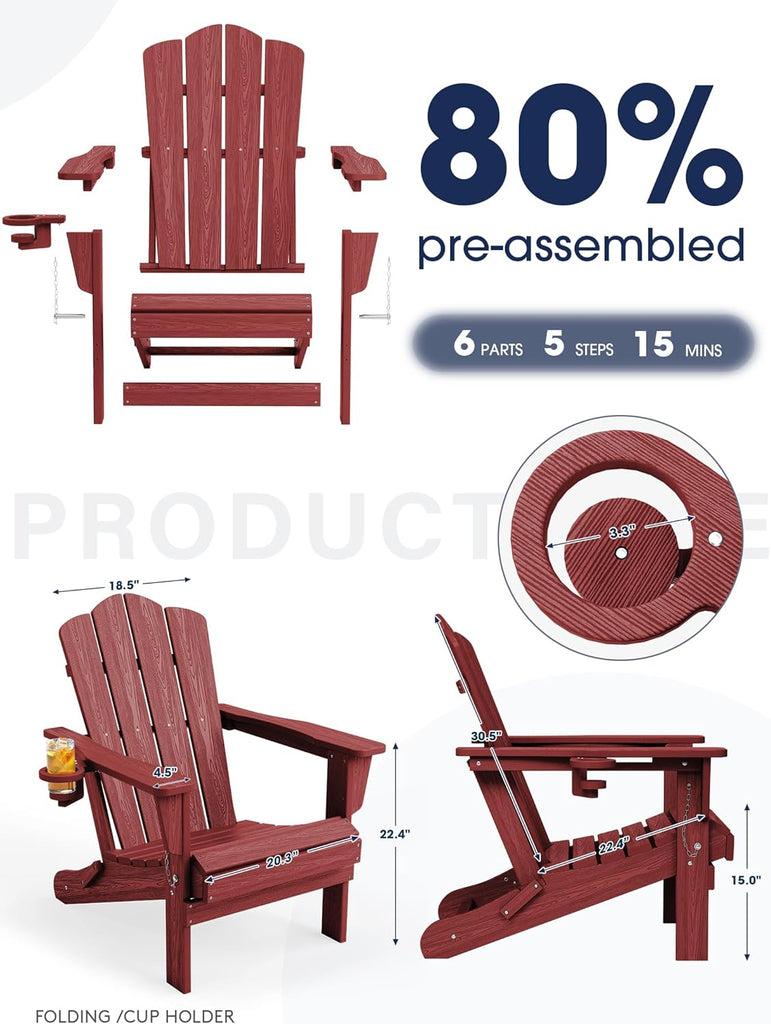 Folding Adirondack Chair Set of 4 with Cup Holder, Red | HDPE All-Weather Patio Chairs, Wooden Textured Lawn Chair