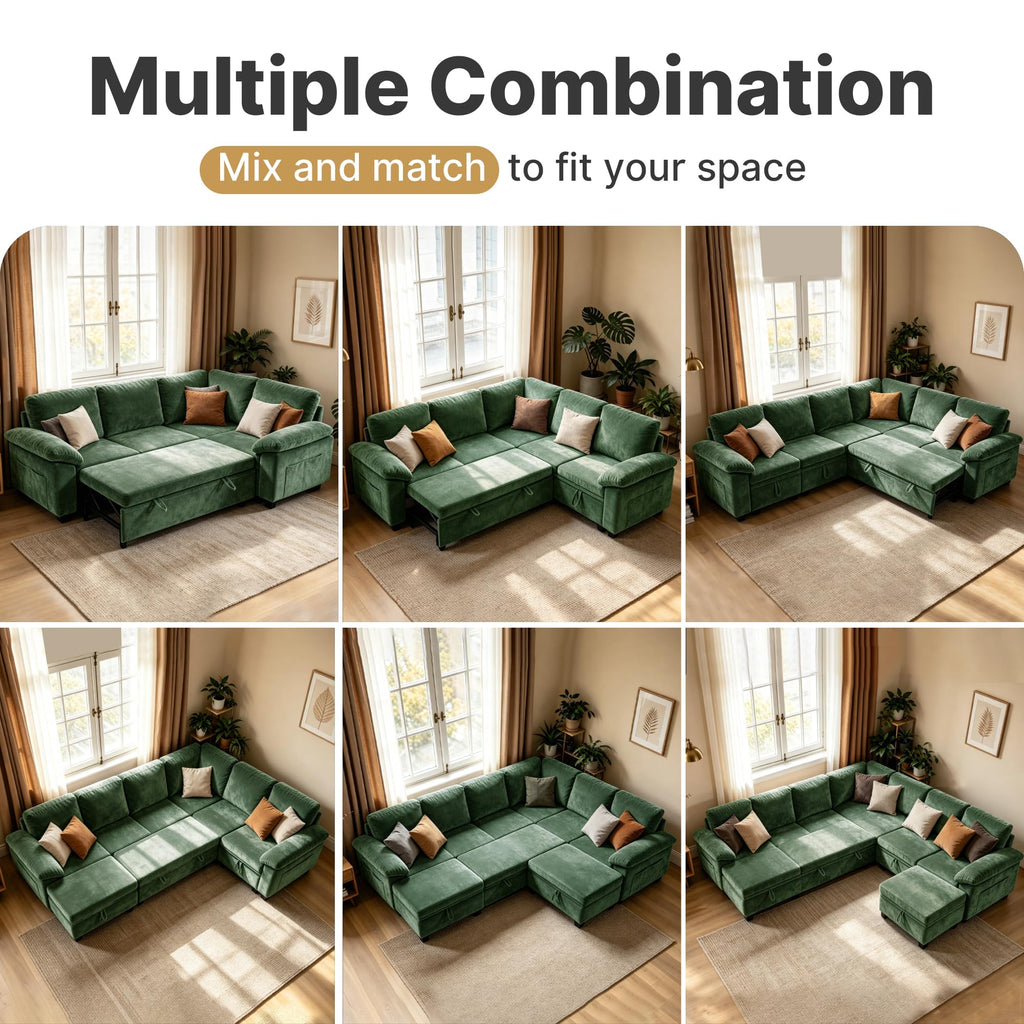 109" Sectional Sleeper U-Shaped Modular Couch Pull-Out Storage Sofa Bed