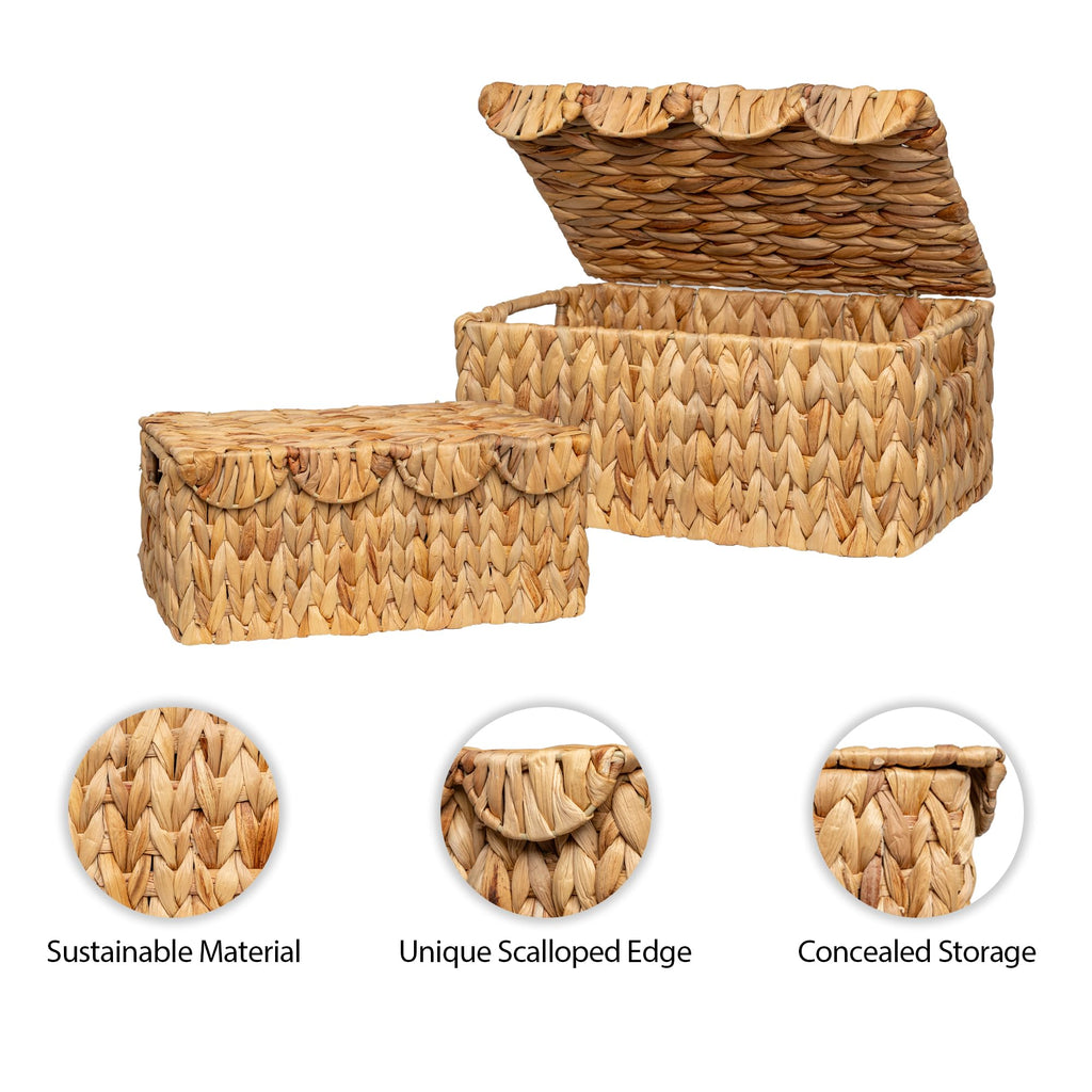 Wicker Storage Basket with Lid, Scalloped Wicker Baskets