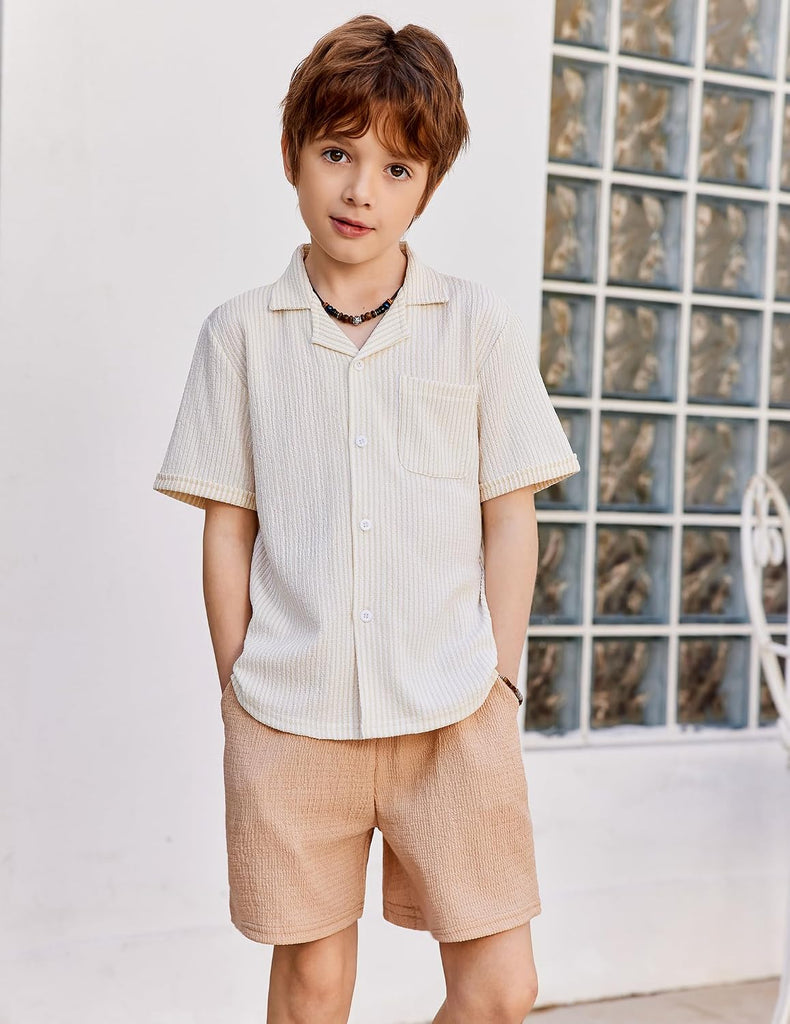Boys Ribbed Textured Outfit Cuban Collar Shirt & Shorts