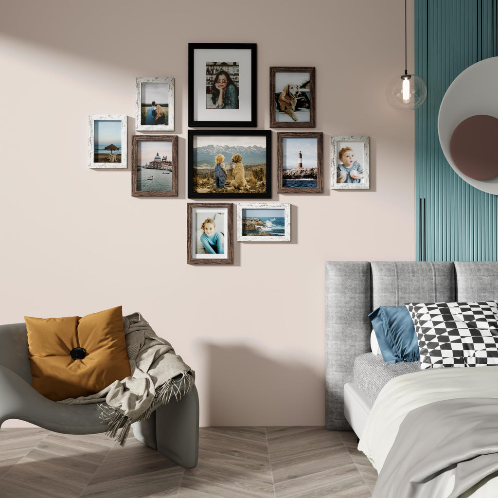 10 Pack Gallery Wall Frame Set, Black, Brown, Distressed White