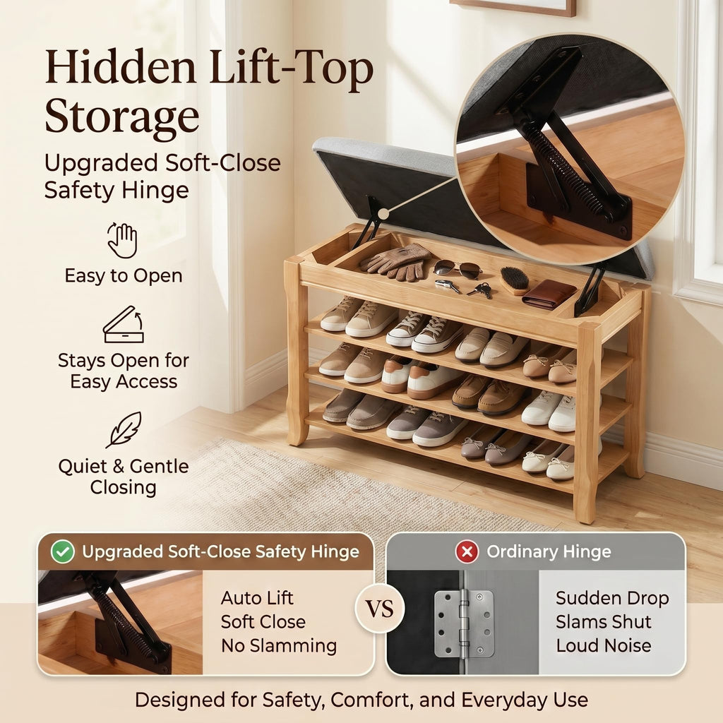 Solid Wood Shoe Bench, 31.5" Shoe Rack Storage