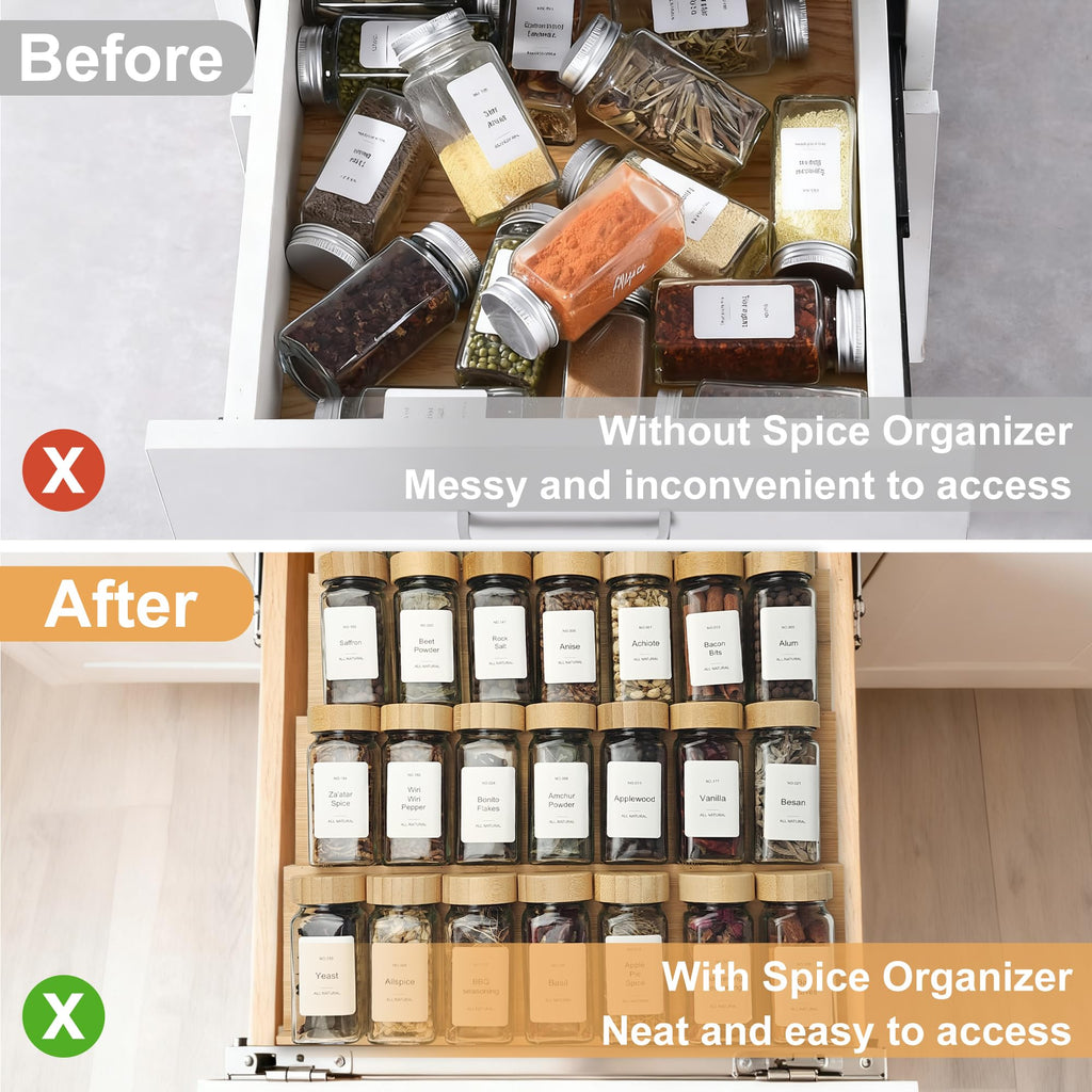 Spice Drawer Organizer with 24 Bamboo-lidded Spice Jars,216 Labels,25 Non-slip Rubber, Bamboo 4 Tier Seasoning Rack
