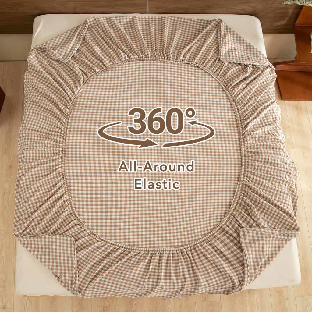 3 Piece Cotton Sheet Set, Tan Gingham & Lace Ruffle Fitted