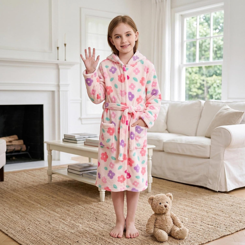 Girls Fleece Robe Hooded, Soft Plush Kids Bathrobe