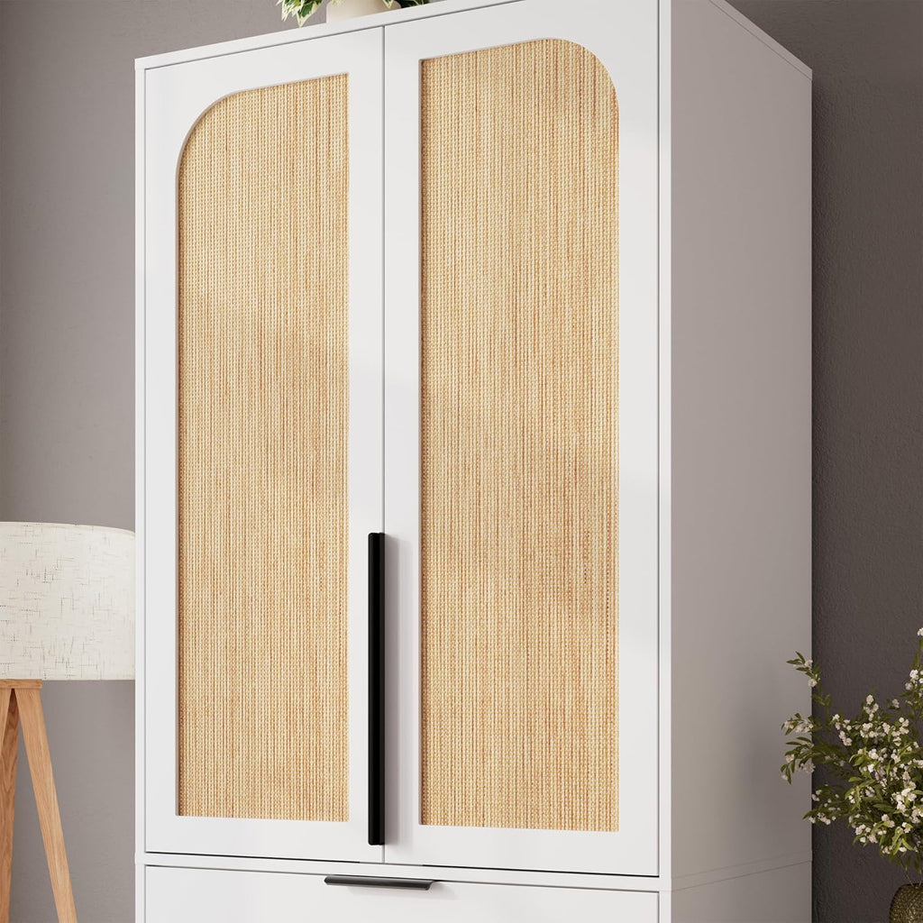 70" Wardrobe Armoire Wooden Closet with 3 Drawers, White | Bedroom Armoire with Hanging Rod Shelf, Large Capacity