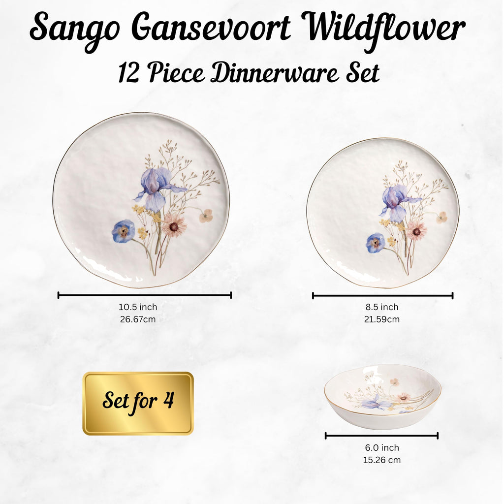 Luxury Porcelain Dinnerware Set for 4- Glossy White Plates and Bowls Sets with Wildflower Patterns and Gold