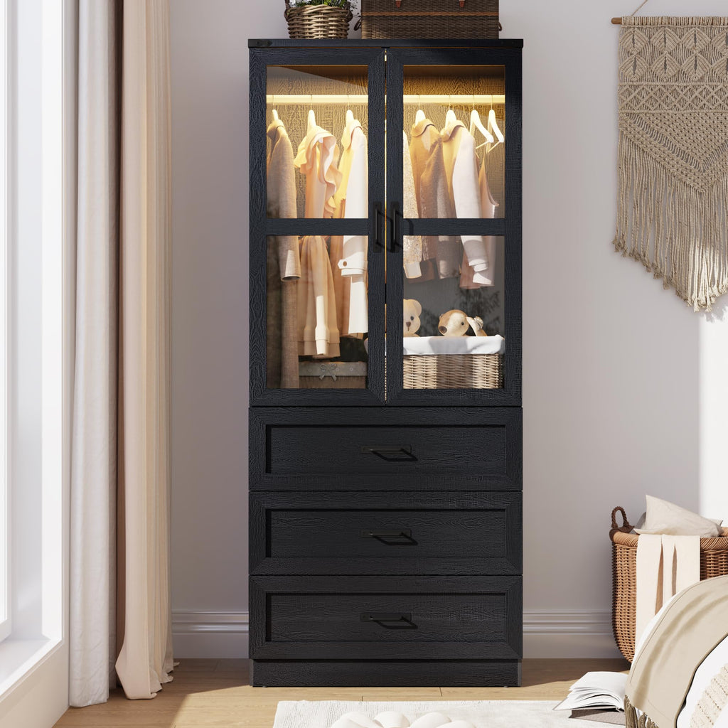 75" Tall Farmhouse 2 Doors Armoire Wardrobe Closet with 3 Drawers and LED, Freestanding Closet Wardrobe Cabinet with