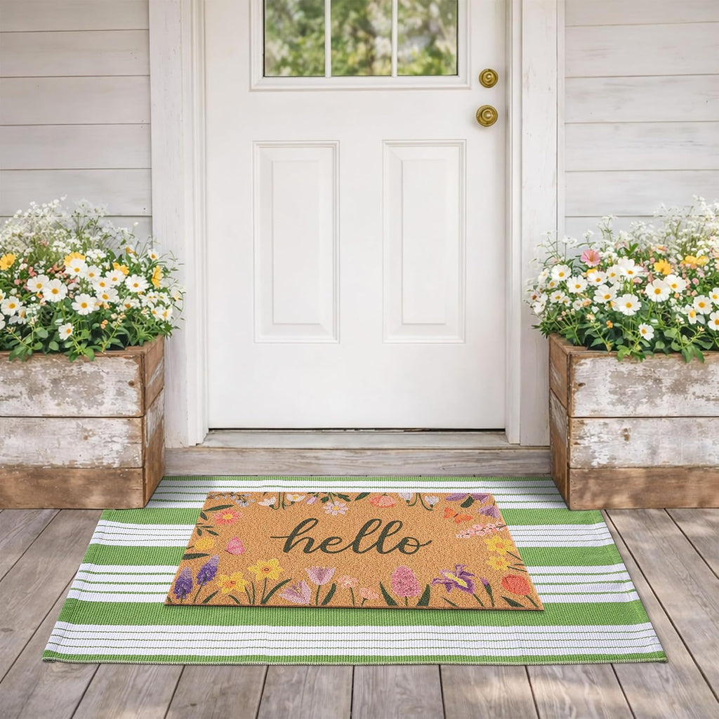 Wildflower Welcome Mat 17" x 29.5" + 27.6" x 43.3" Green White Striped Rug | Two-piece Layered Design Combines