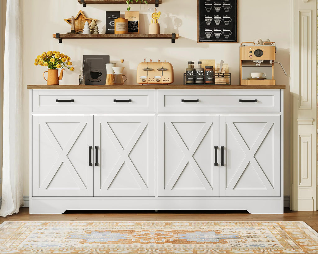 63" W Buffet Cabinet with Storage, Sideboard Cabinet with 2 Adjustable Shelves and 4 Doors, Modern Farmhouse Coffee